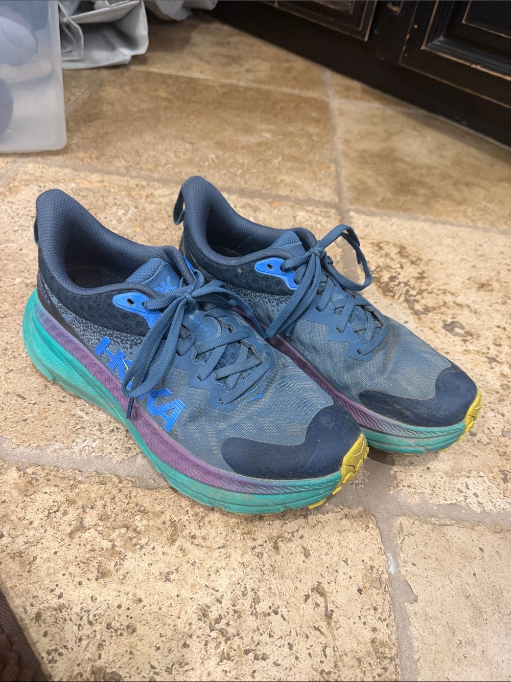 Hoka Women's Teal Blue Trail Running Shoes with Purple and Yellow Accents